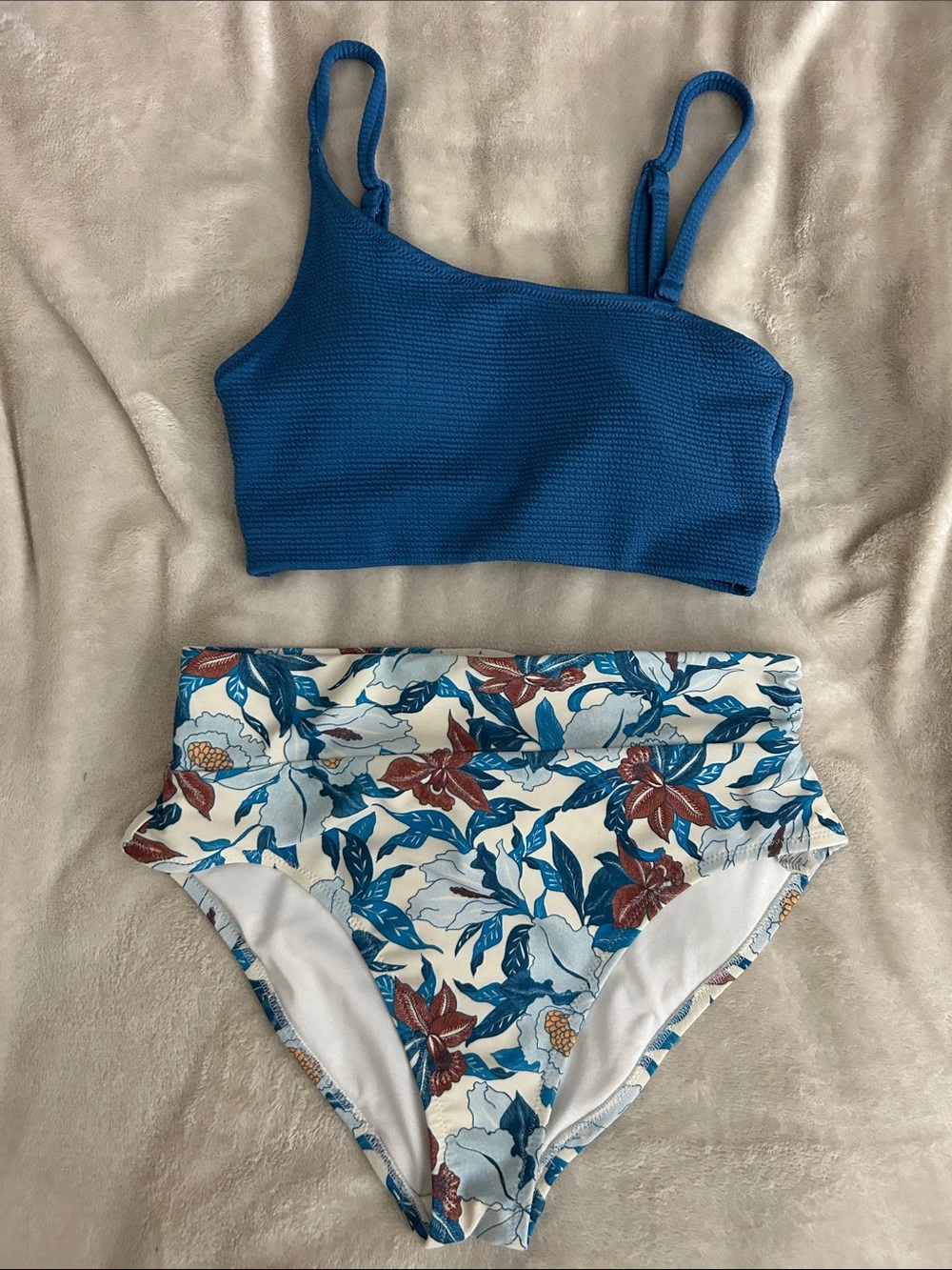 Old Navy Blue Ribbed Crop Bikini Top with Floral High-Waist Bottom